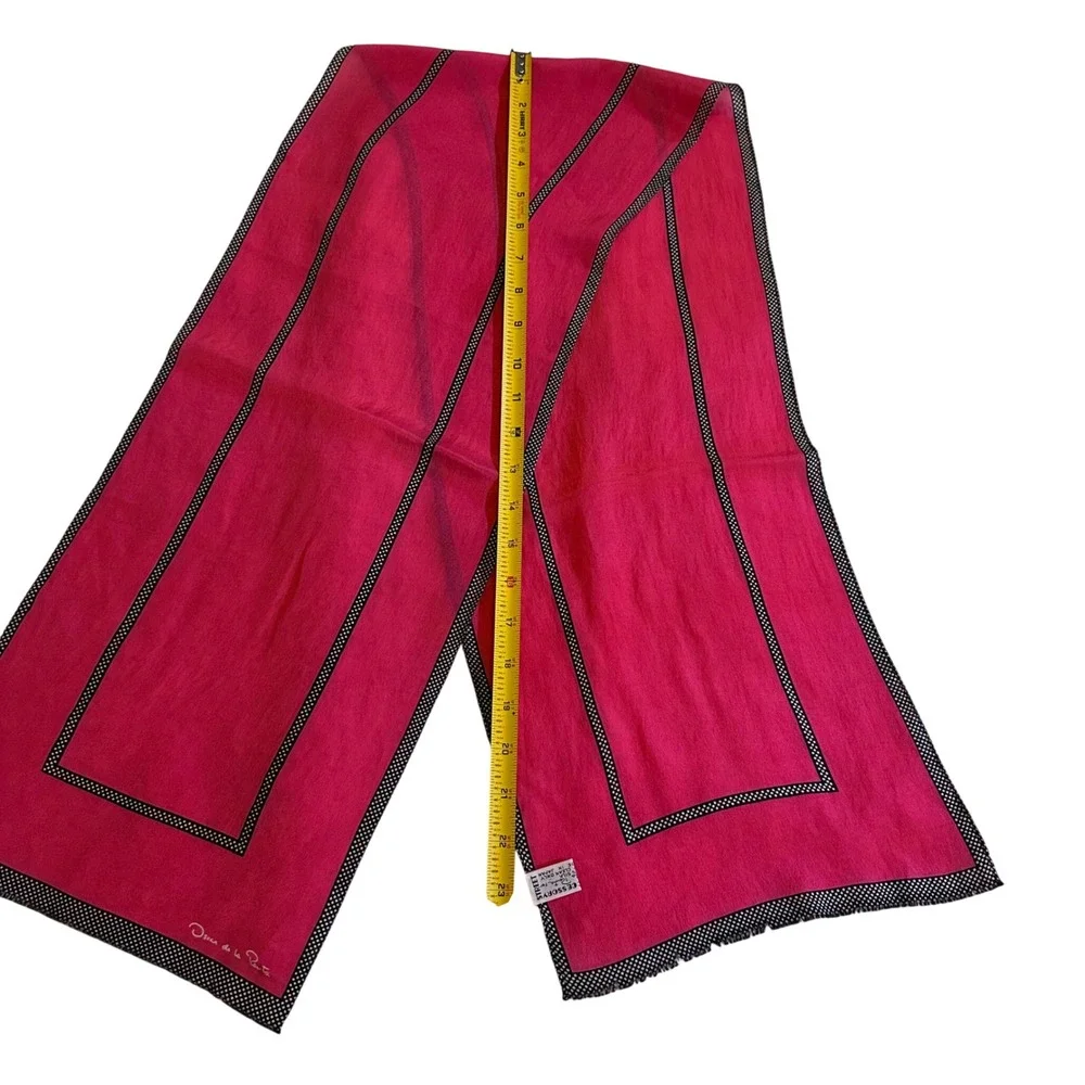 Oscar de la Renta Silk Scarf Magenta Pink Black Polka Dot Border Made in Japan